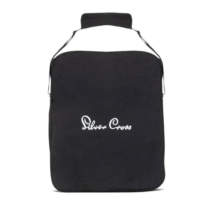 A black fabric travel bag featuring a white script logo and a top carrying handle.