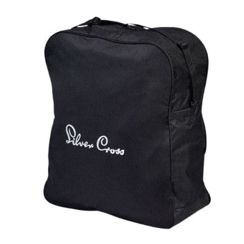 A black fabric stroller travel bag with a white script logo shown from a three-quarters angle.