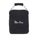A black fabric travel bag featuring a white script logo and a top carrying handle.