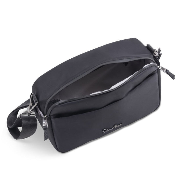An open black zippered stroller organizer bag showing a glimpse of white contents inside.