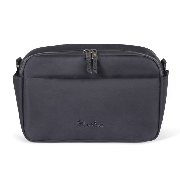 A front view of a black zippered stroller organizer bag with a small metallic logo.