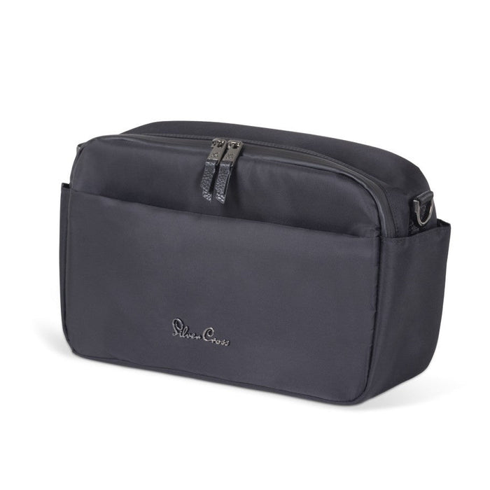 A sleek black zippered stroller organizer bag with a silver logo on the front.