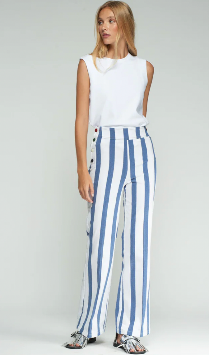 TEODORA BLUE & WHITE STRIPED TROUSERS W/BUTTONS