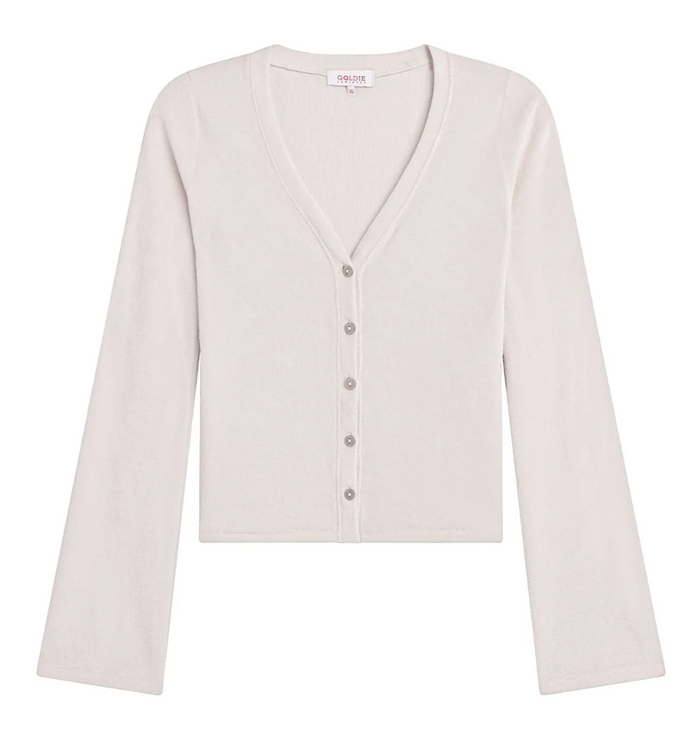 VELOUR V CARDI BELL SLV IN WHITE SAND