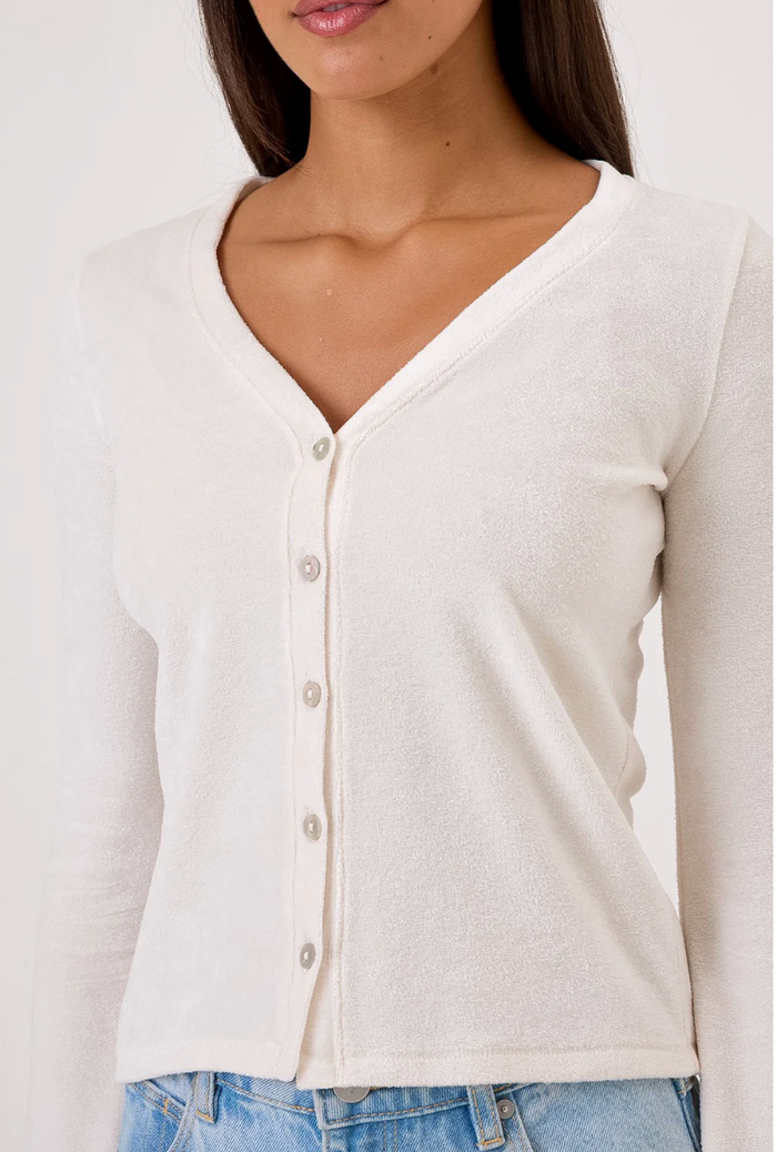 VELOUR V CARDI BELL SLV IN WHITE SAND