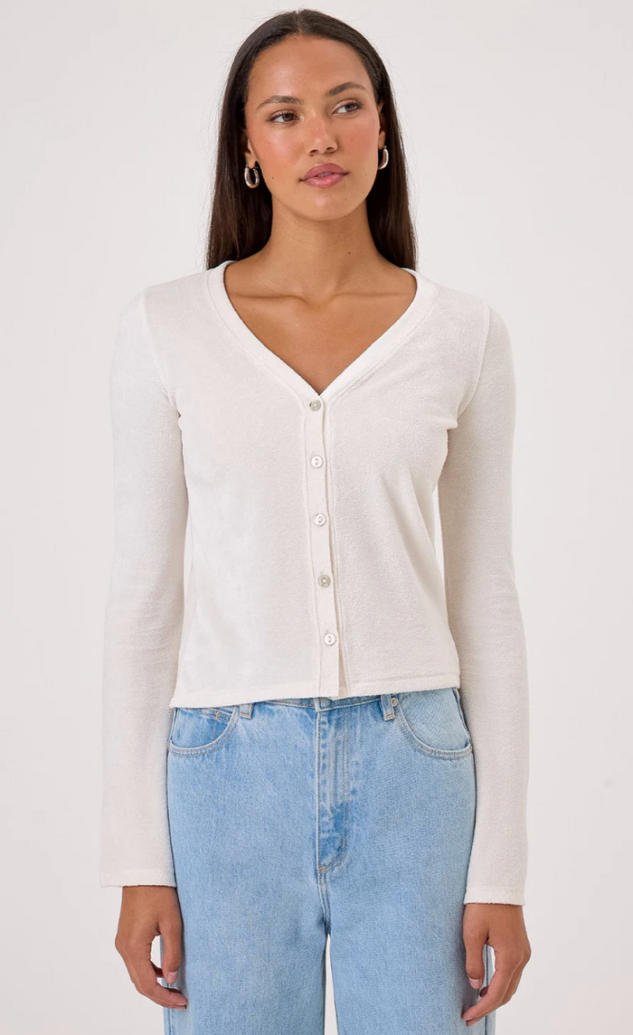 VELOUR V CARDI BELL SLV IN WHITE SAND